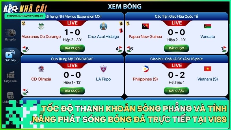 Sảnh cá cược Vi88 tích hợp tính năng xem bóng đá trực tiếp và nạp rút tiền siêu tốc.